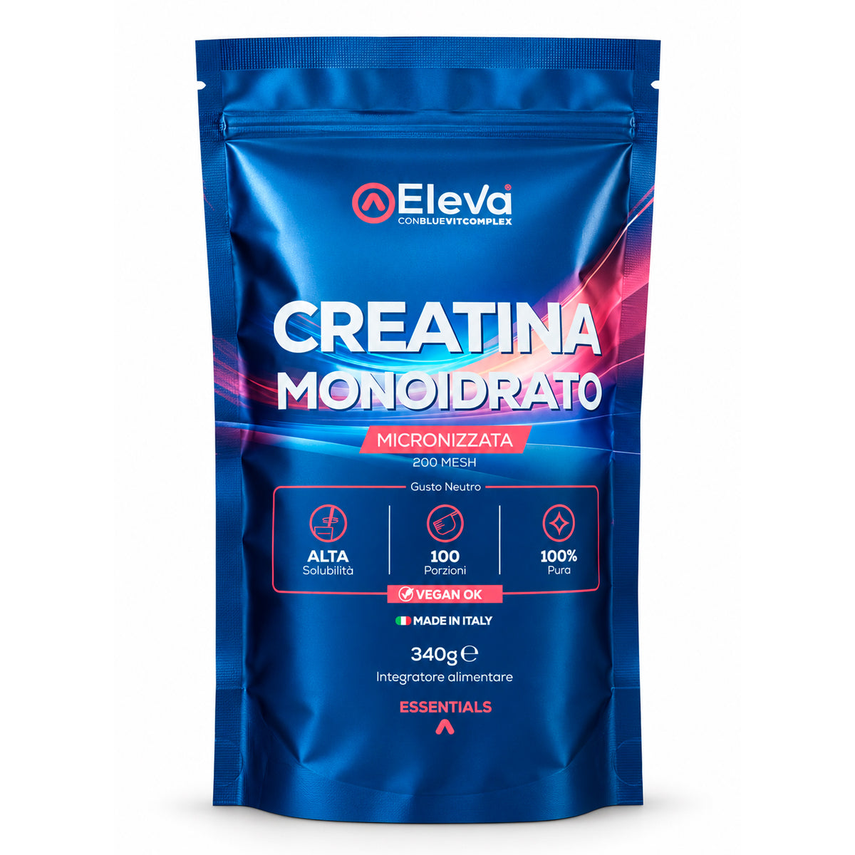 Eleva Essentials Creatina Monoidrata in Polvere Micronizzata 340g 100 Porzioni | Pura, Vegana, Gusto Neutro, Si Scioglie Facilmente, Misurino Incluso | Made in Italy